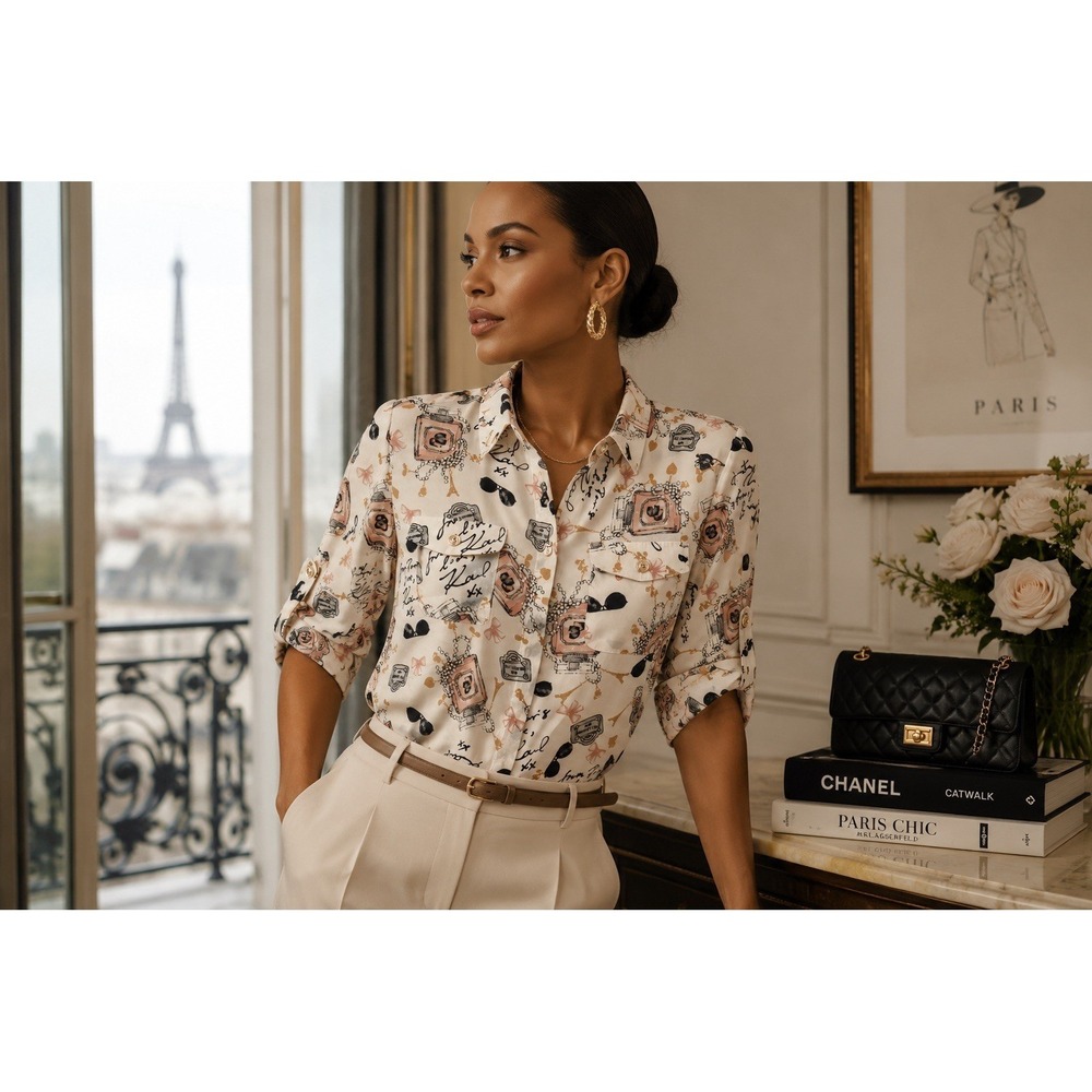 Karl Lagerfeld Paris Novelty Print Button Front Blouse Women's Size L Perfume